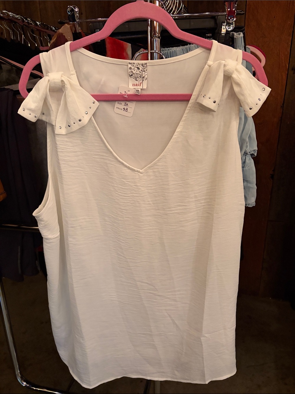 NAIF White V-Neck Tank with Tie-Shoulder Details